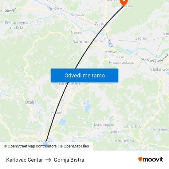 Karlovac Centar to Gornja Bistra map