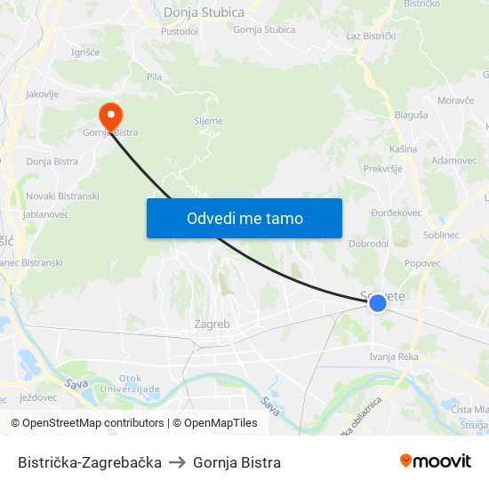 Bistrička-Zagrebačka to Gornja Bistra map