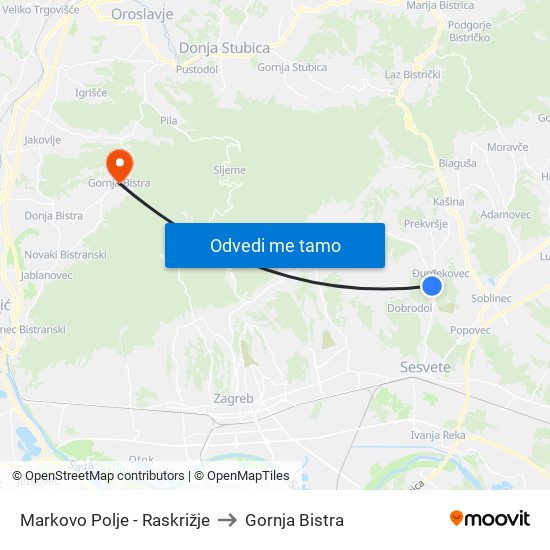 Markovo Polje - Raskrižje to Gornja Bistra map