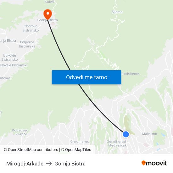 Mirogoj-Arkade to Gornja Bistra map