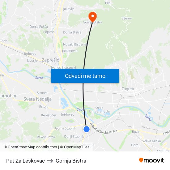 Put Za Leskovac to Gornja Bistra map