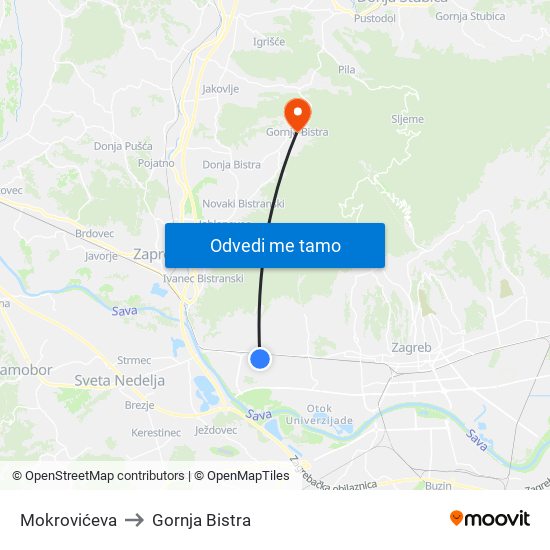 Mokrovićeva to Gornja Bistra map