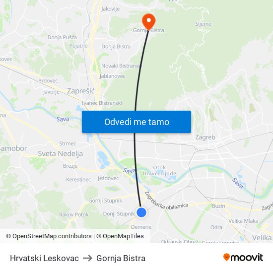 Hrvatski Leskovac to Gornja Bistra map