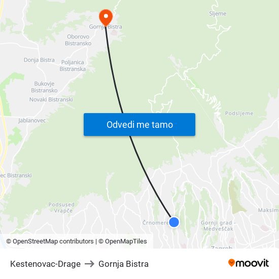 Kestenovac-Drage to Gornja Bistra map