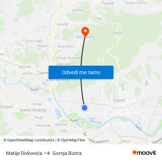 Matije Divkovića to Gornja Bistra map