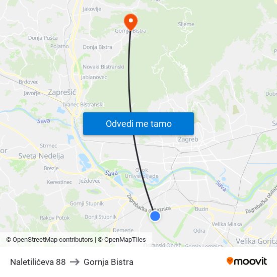 Naletilićeva 88 to Gornja Bistra map