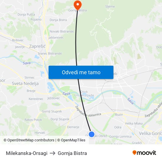 Milekanska-Orsagi to Gornja Bistra map