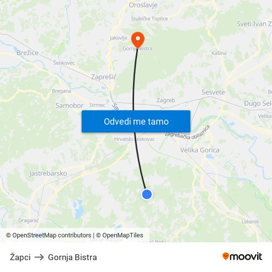 Žapci to Gornja Bistra map