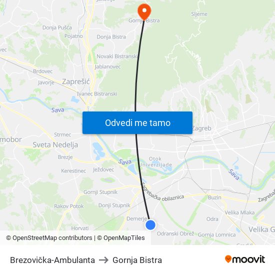 Brezovička-Ambulanta to Gornja Bistra map