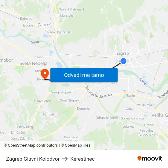 Zagreb Glavni Kolodvor to Kerestinec map