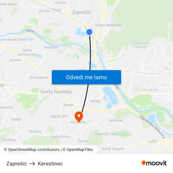 Zaprešić to Kerestinec map