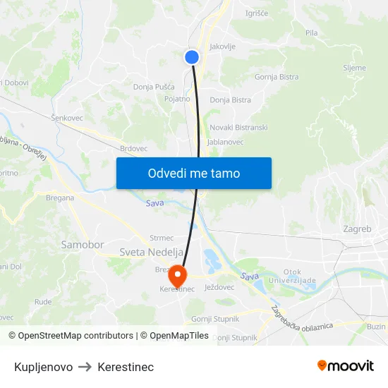 Kupljenovo to Kerestinec map