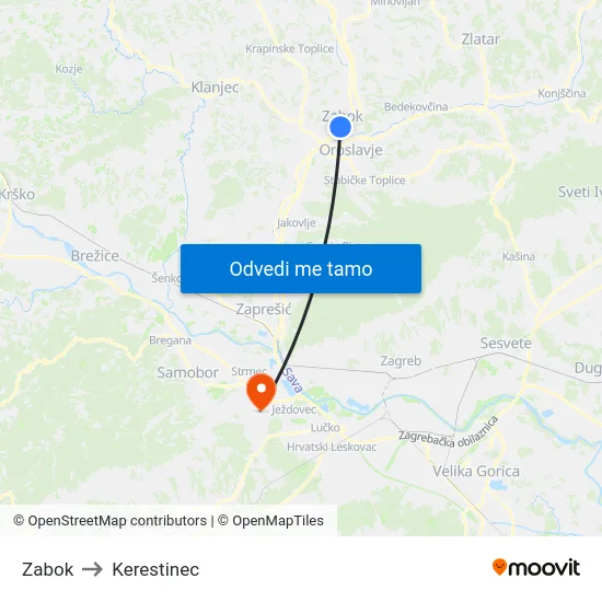 Zabok to Kerestinec map