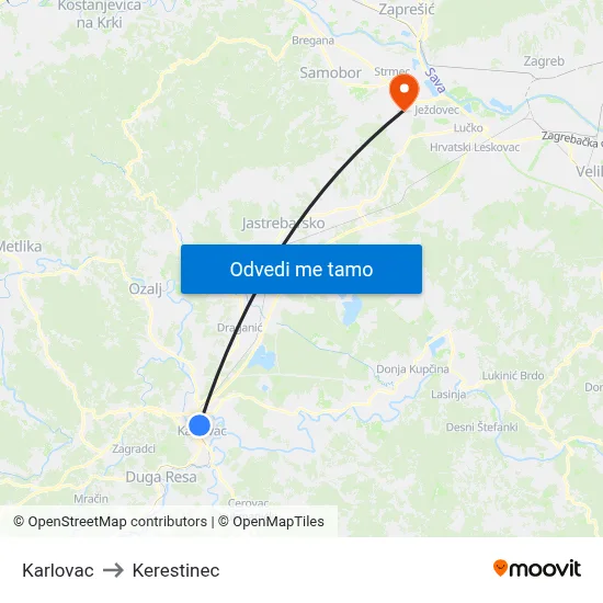 Karlovac to Kerestinec map