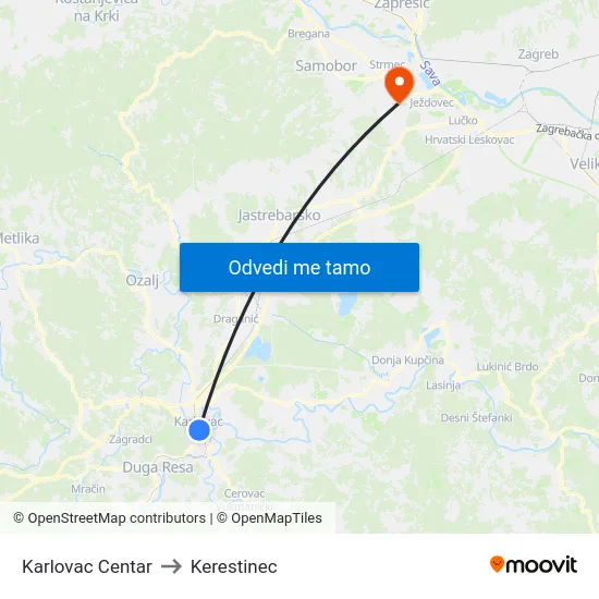 Karlovac Centar to Kerestinec map