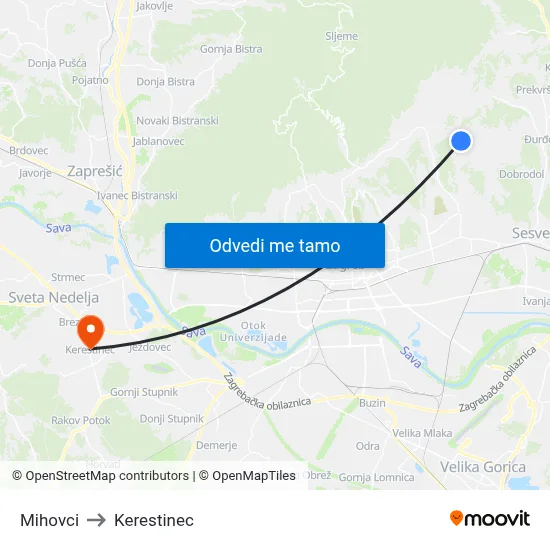 Mihovci to Kerestinec map