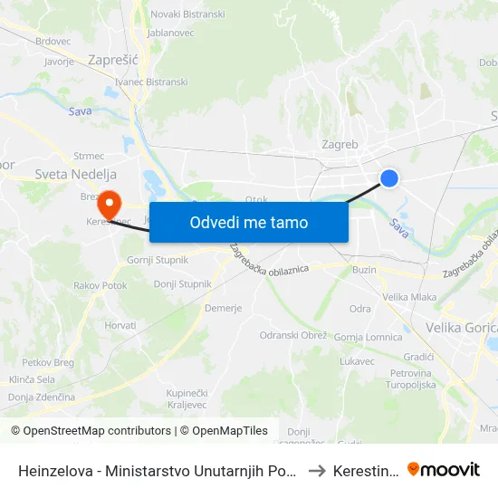 Heinzelova - Ministarstvo Unutarnjih Poslova to Kerestinec map