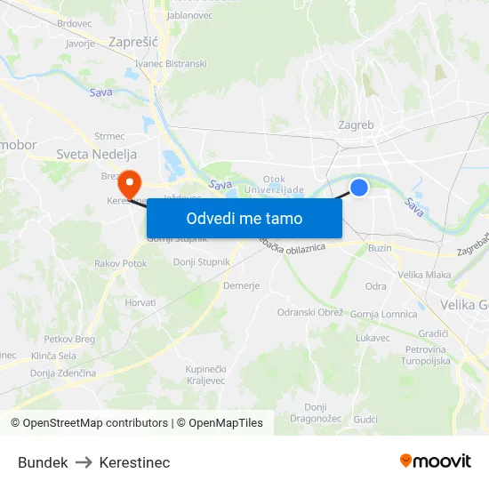 Bundek to Kerestinec map