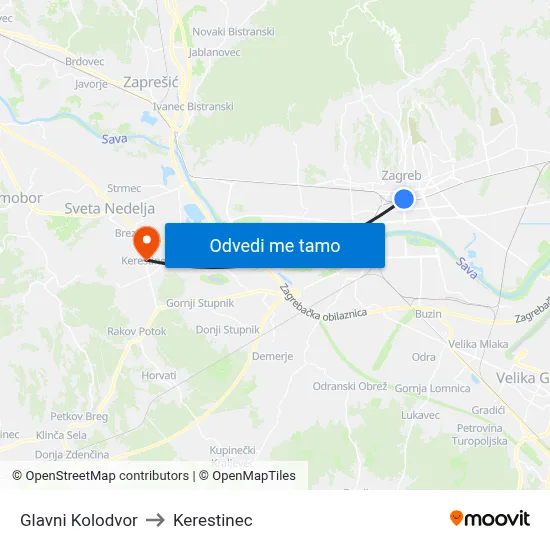 Glavni Kolodvor to Kerestinec map