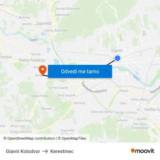 Glavni Kolodvor to Kerestinec map