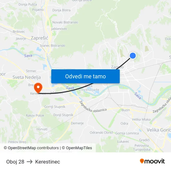 Oboj 28 to Kerestinec map