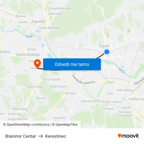 Branimir Centar to Kerestinec map