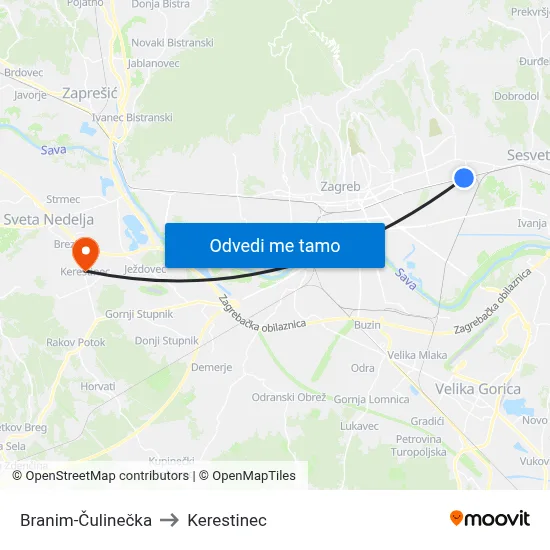 Branim-Čulinečka to Kerestinec map