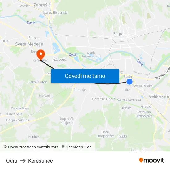 Odra to Kerestinec map