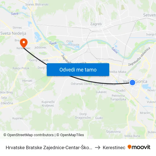 Hrvatske Bratske Zajednice-Centar-Škola to Kerestinec map