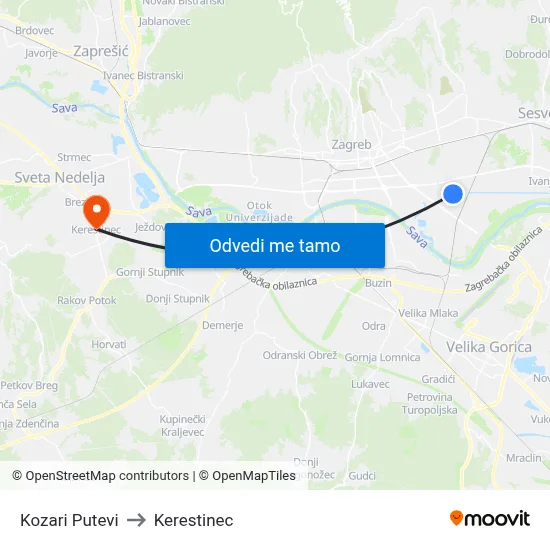 Kozari Putevi to Kerestinec map