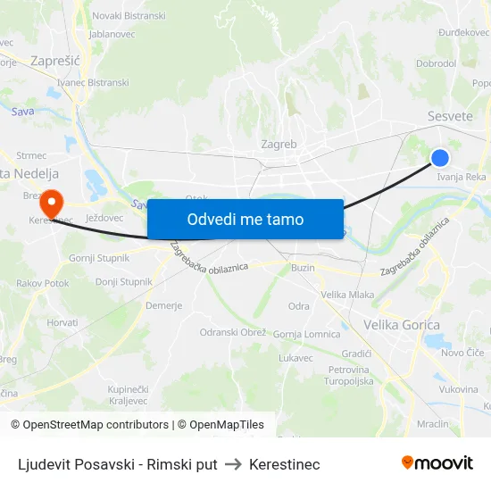 Ljudevit Posavski - Rimski put to Kerestinec map