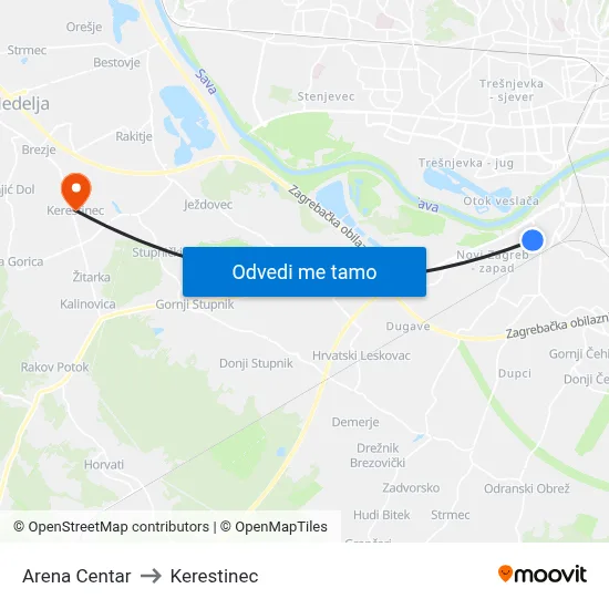 Arena Centar to Kerestinec map