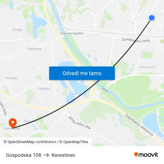 Gospodska 108 to Kerestinec map