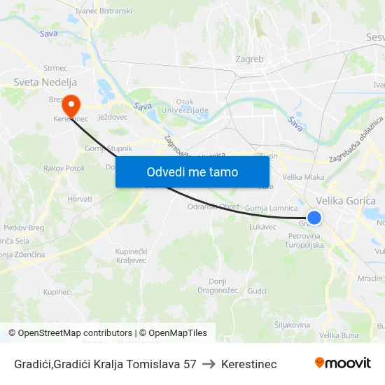 Gradići,Gradići Kralja Tomislava 57 to Kerestinec map