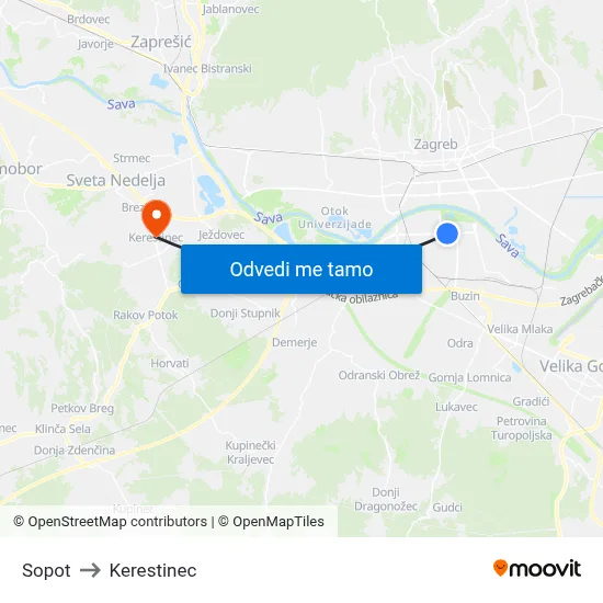 Sopot to Kerestinec map