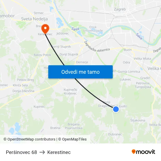 Peršinovec 68 to Kerestinec map