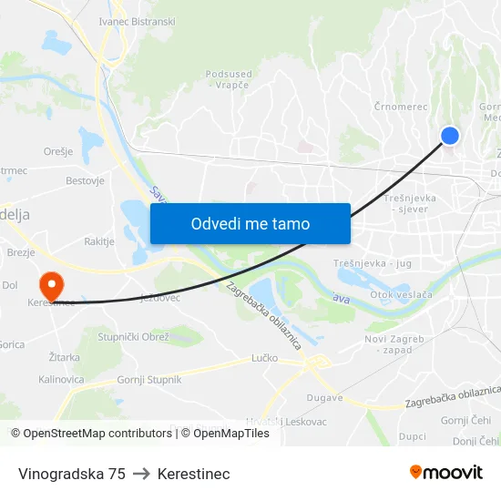 Vinogradska 75 to Kerestinec map