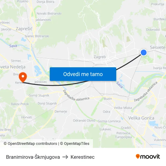 Branimirova-Škrnjugova to Kerestinec map
