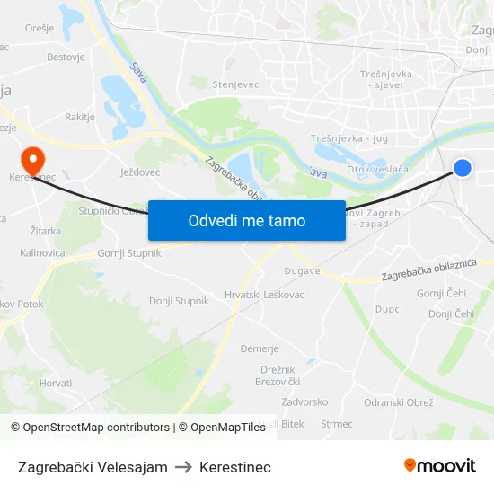 Zagrebački Velesajam to Kerestinec map