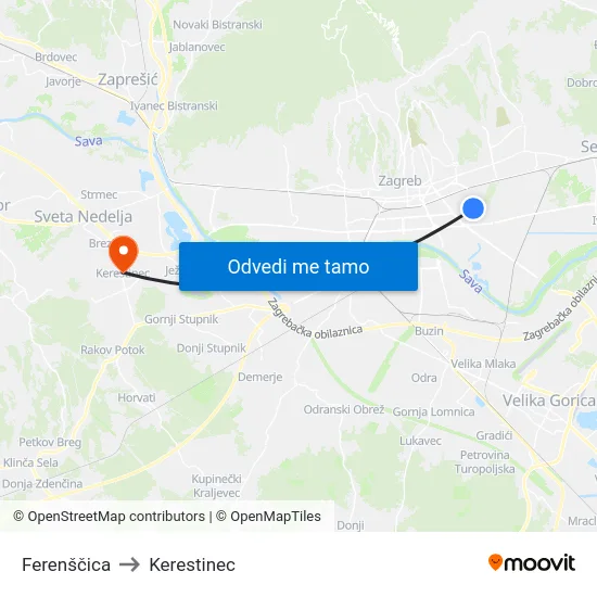 Ferenščica to Kerestinec map