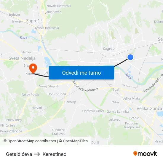 Getaldićeva to Kerestinec map