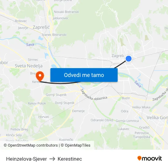 Heinzelova-Sjever to Kerestinec map