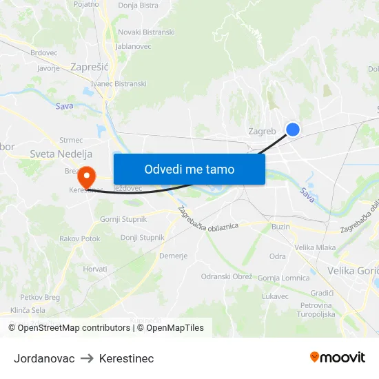 Jordanovac to Kerestinec map