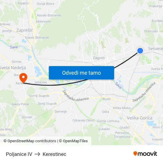 Poljanice IV to Kerestinec map
