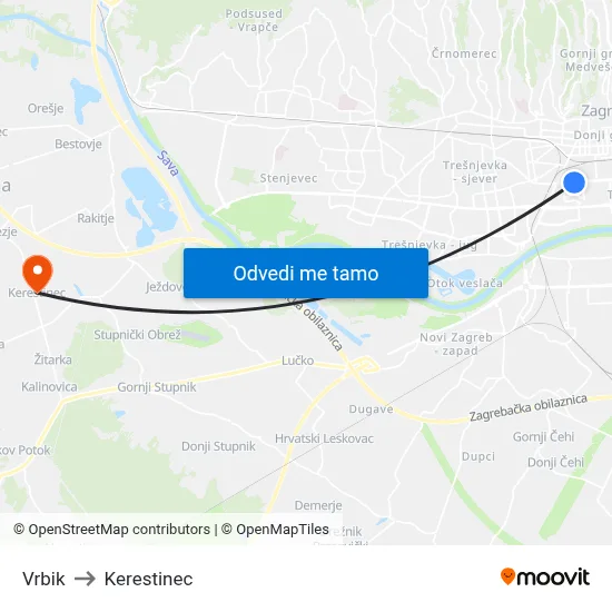 Vrbik to Kerestinec map