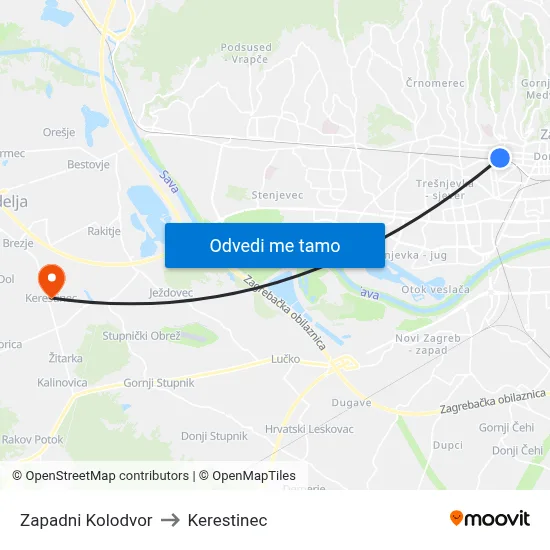 Zapadni Kolodvor to Kerestinec map