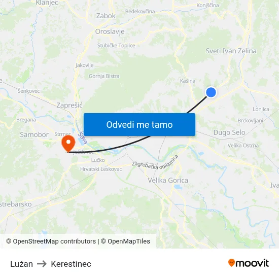 Lužan to Kerestinec map