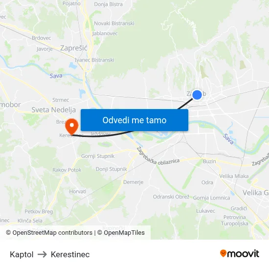 Kaptol to Kerestinec map