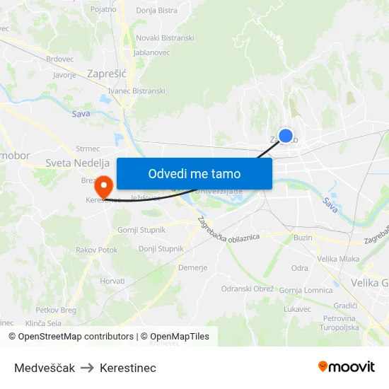Medveščak to Kerestinec map
