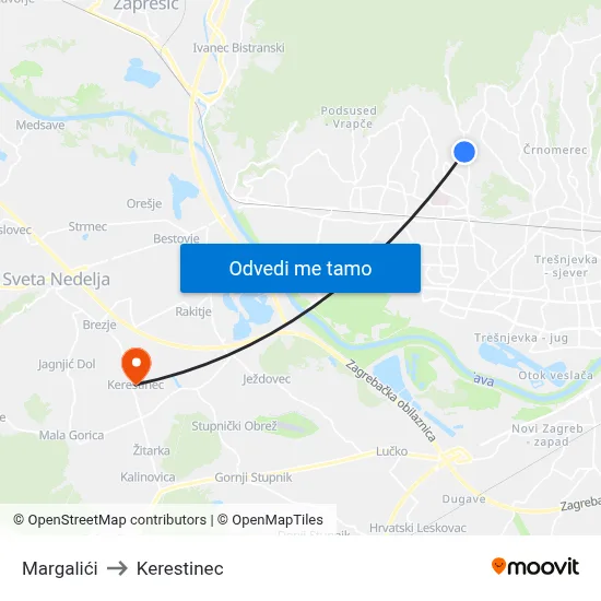 Margalići to Kerestinec map